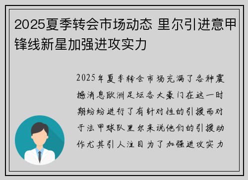 2025夏季转会市场动态 里尔引进意甲锋线新星加强进攻实力