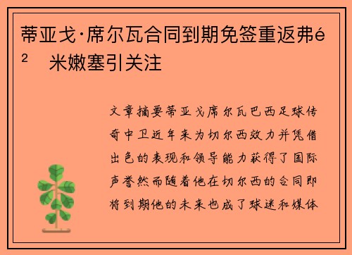 蒂亚戈·席尔瓦合同到期免签重返弗鲁米嫩塞引关注